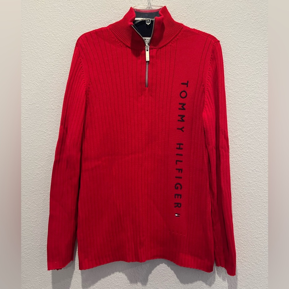 Vintage Tommy Hilfiger Ribbed Sweater Red 1/4 Zip Cotton Large Spell Out Size 1X